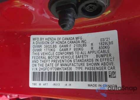 2021 Honda Civic Ex-L из США, поврежденный, VIN 2HGFC1F70MH704536